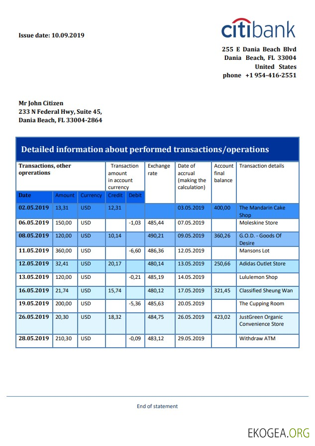 Modèle de relevé bancaire de preuve d'adresse de Hong Kong Citibank au format Word et PDF